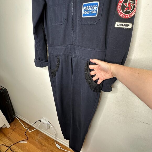 Claudie Pierlot Blue Denim Tassled Long Sleeve Front-Zip Cuffed Hem Jumpsuit 36 - Picture 6 of 12